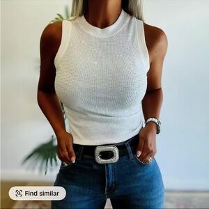 Classic Sequin Sleeveless Knit Tank Top - White